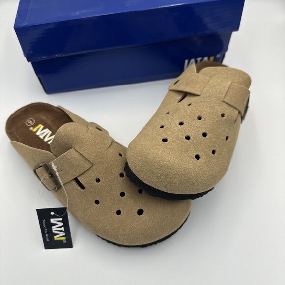 Womens Clogs Slip On Shoes Mules Cork Footbed Suede Leather Size 6 Sand Khaki - Picture 1 of 10
